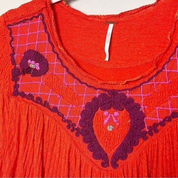 Free People Begonia Top red embroidered flowy boho blouse long sleeve bohemian - Picture 4 of 12